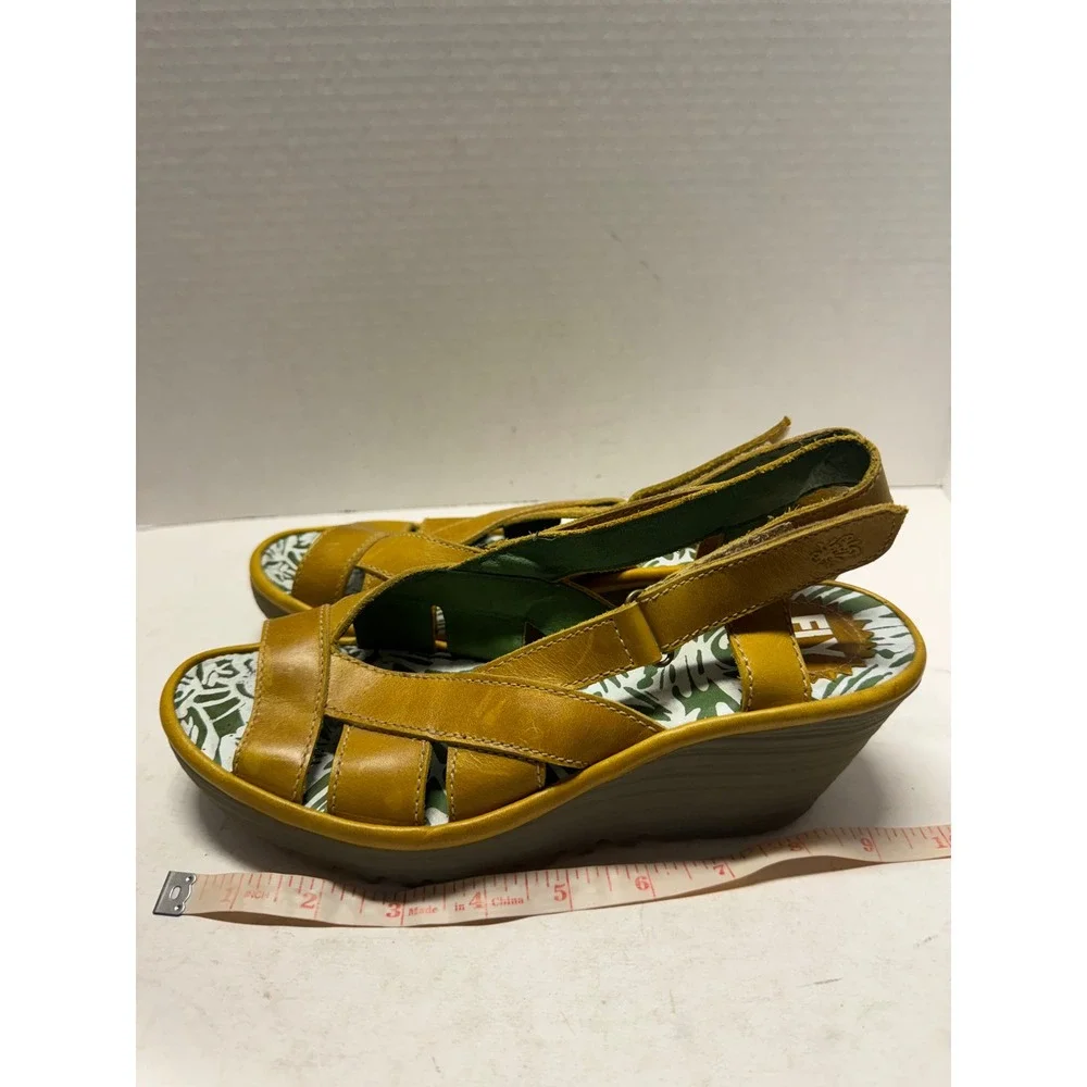 Fly London Yuma Mustard Yellow Leather Wedge Slingback Sandals EU 38 7.5